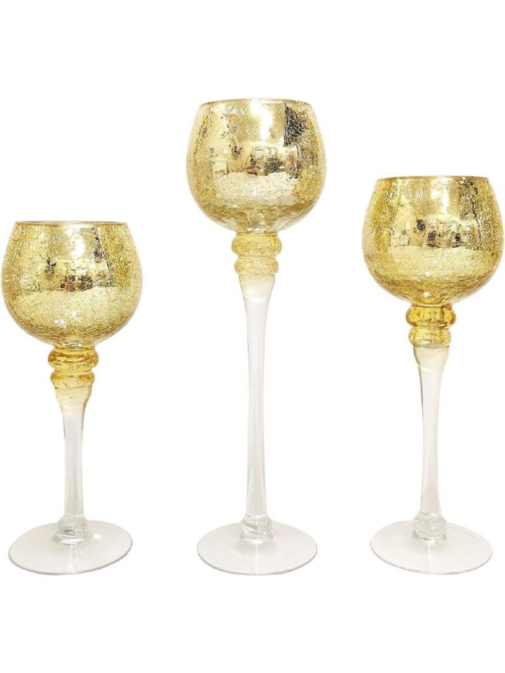 Set of 3 Gold Crackle Glass Tealight Holders - Perfect for Weddings & Events